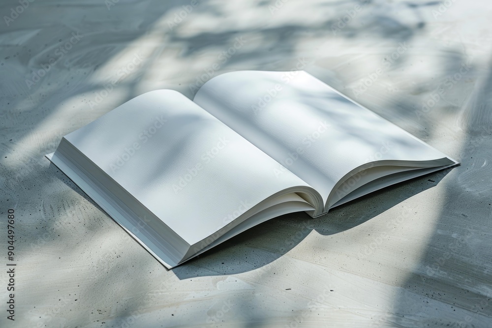 Aufkleber open book with blank pages lying on table casting shadows from nearby window