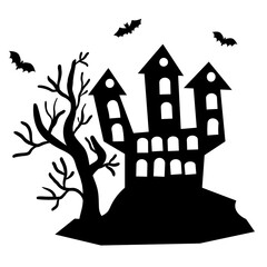 Happy Halloween holiday card with abandoned castle with bats and spooky trees.