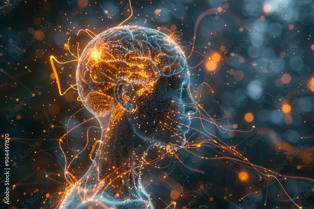 Poster transparent brain model highlighted against a technological backdrop symbolizing the interface of mi