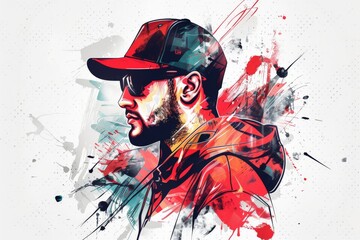 Abstract art portrait of a man in a red cap.