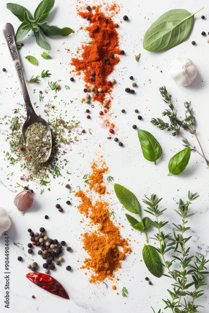 Canvas Prints A close up of a variety of spices and herbs, including parsley, basil, and rosemary, arranged on a white background