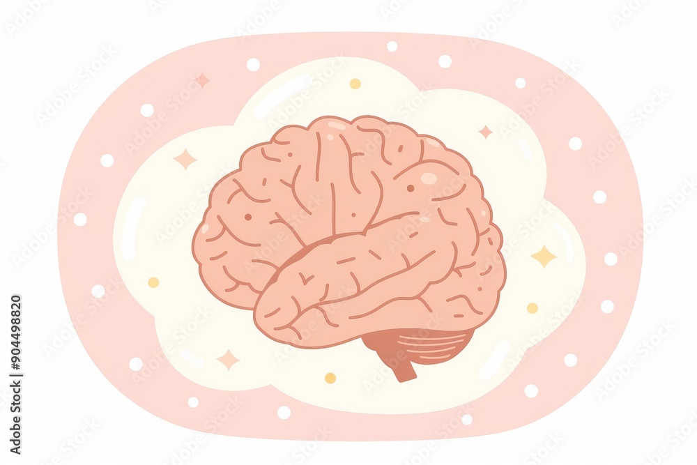 Poster minimalist pink brain illustration highlighting cognitive functions in a soft palette.
