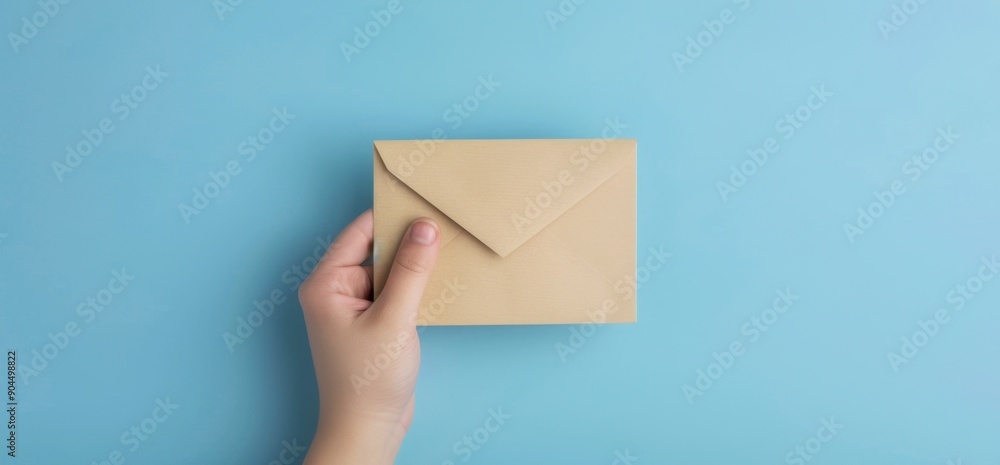 Poster hand holding an envelope icon, with blue background and copy space for text or design generative ai