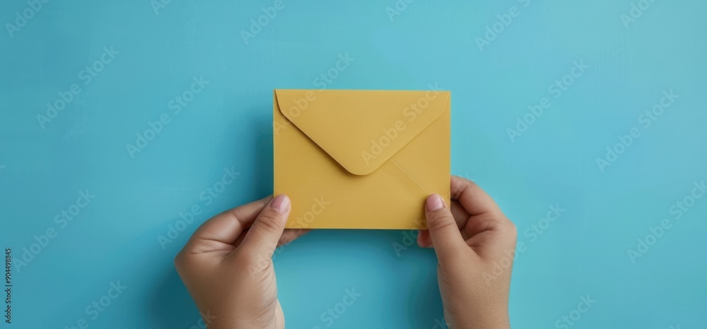 Poster hand holding an envelope icon, with blue background and copy space for text or design generative ai