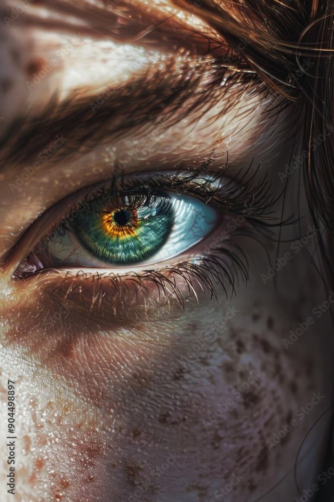 Poster close-up shot of a person's eye featuring distinctive freckles, suitable for use in editorial or com
