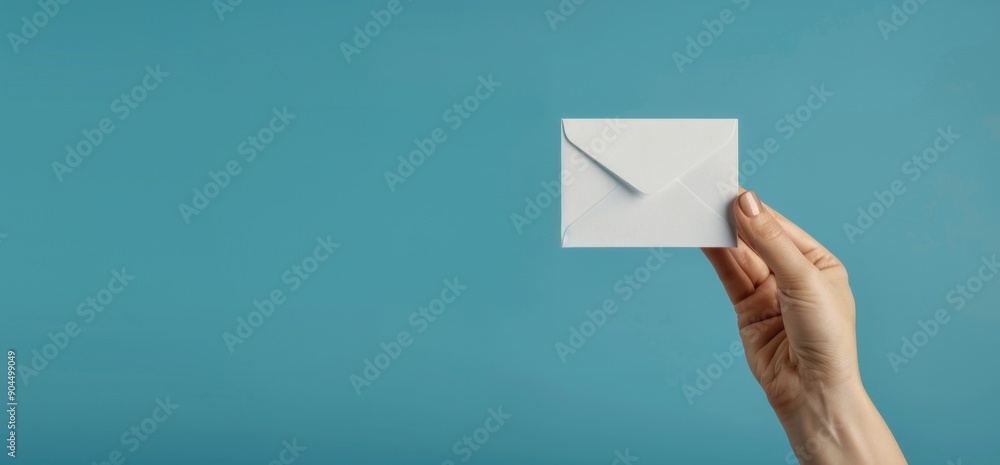 Poster hand holding a white mail icon on a blue background, concept of contact us or communication service 