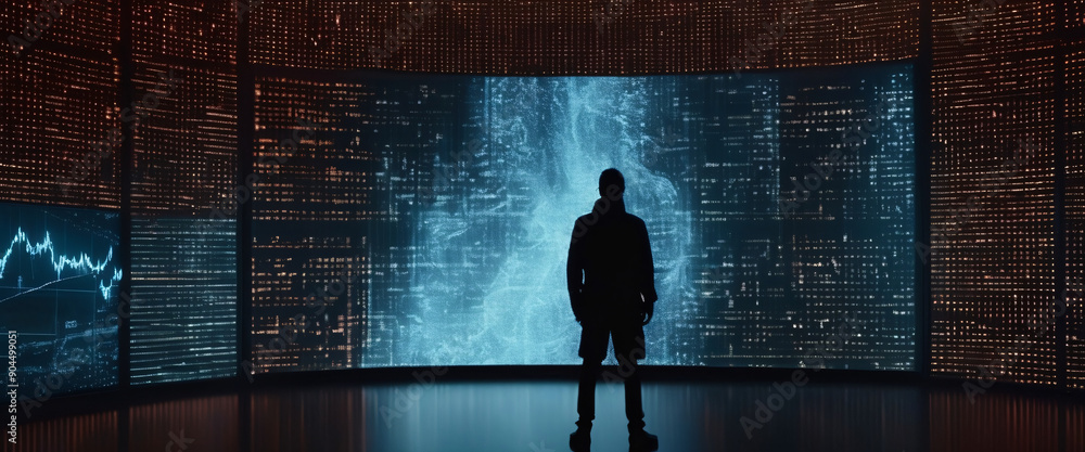Poster a silhouette of a person standing in front of a giant digital screen with a flow of data showing var
