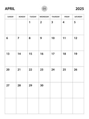 April 2025 year planner template, calendar 2025 desgin, monthly and yearly planners. organizer diary. week start Sunday, corporate planner template, Desk calendar 2025, vertical layout, vector