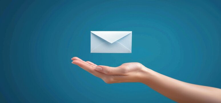 Hand holding a white mail icon on a blue background, concept of contact us or communication service and support Banner for a website with copy space Generative AI