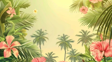 Fototapete Rund Background with palm trees and tropical flowers. generative ai © Kelly