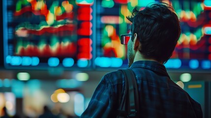 Fototapeta premium A focused individual analyzes stock market trends on vibrant digital screens in a bustling financial environment.