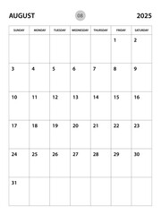 August  2025 year planner template, calendar 2025 desgin, monthly and yearly planners. organizer diary. week start Sunday, corporate planner template, Desk calendar 2025, vertical layout, vector