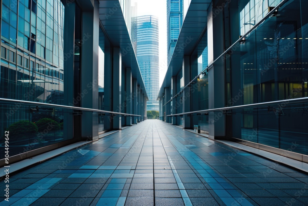Poster empty walkway between two tall buildings in a city, suitable for urban landscape or architecture pro