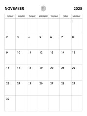 November 2025 year planner template, calendar 2025 desgin, monthly and yearly planners. organizer diary. week start Sunday, corporate planner template, Desk calendar 2025, vertical layout, vector