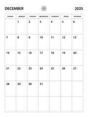 December 2025 year planner template, calendar 2025 desgin, monthly and yearly planners. organizer diary. week start Sunday, corporate planner template, Desk calendar 2025, vertical layout, vector