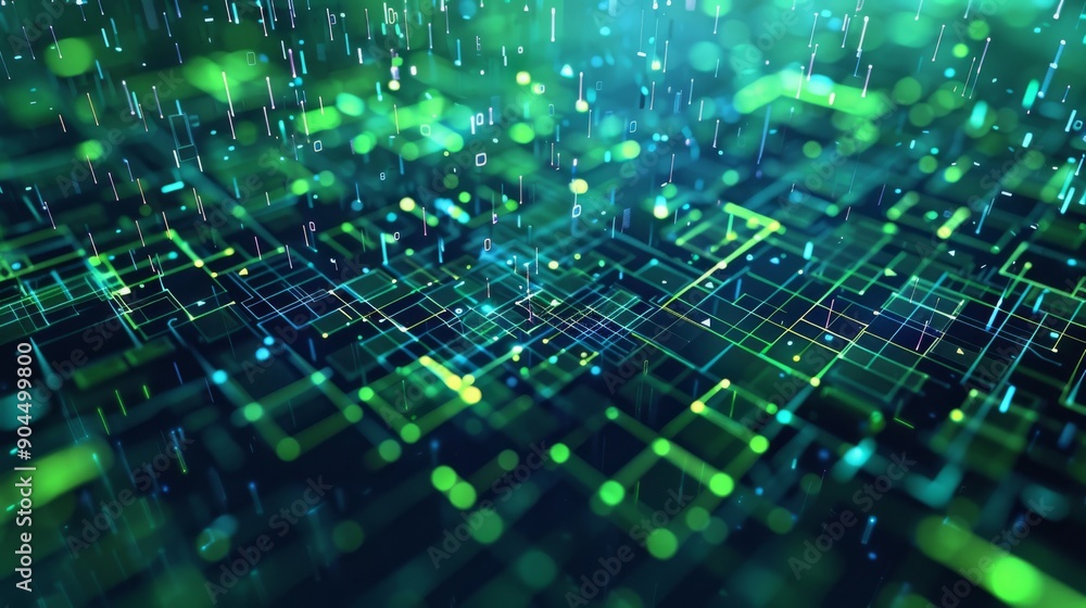 Poster abstract green and blue digital matrix with glowing lines and data streams. technological background