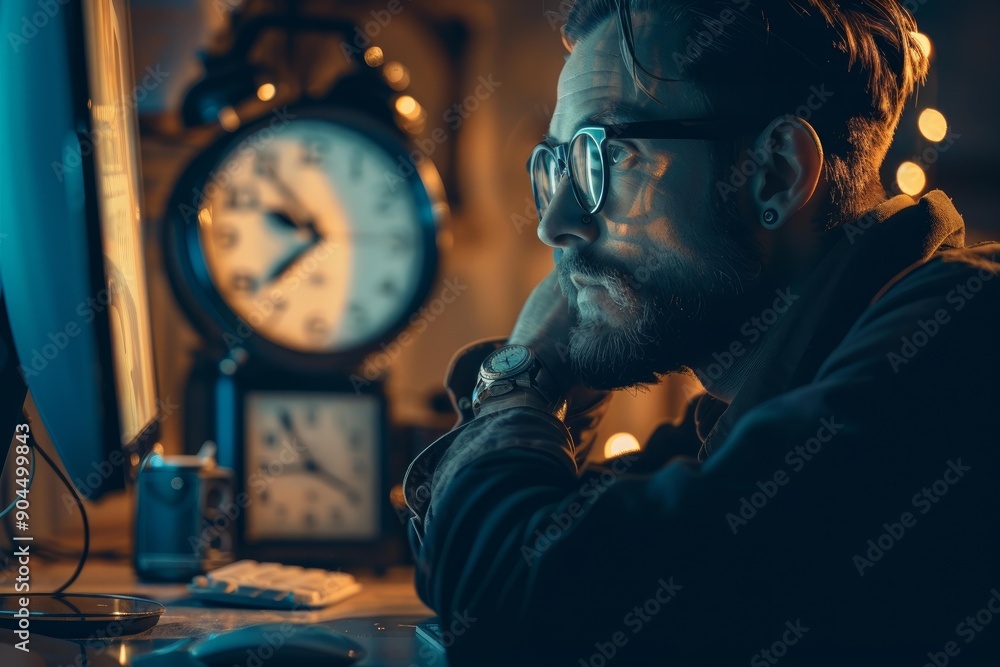 Poster web developer is working late, concentrating on the code displayed on his computer screen as the tim