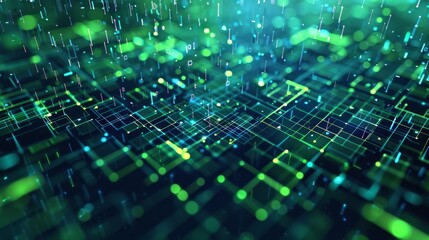 Obraz premium Abstract green and blue digital matrix with glowing lines and data streams. Technological background.