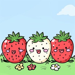 Cute Kawaii Strawberry Friends Illustration with Smiling Faces on Green Field, Perfect for Kids' Products, Greeting Cards, and Summer Themes