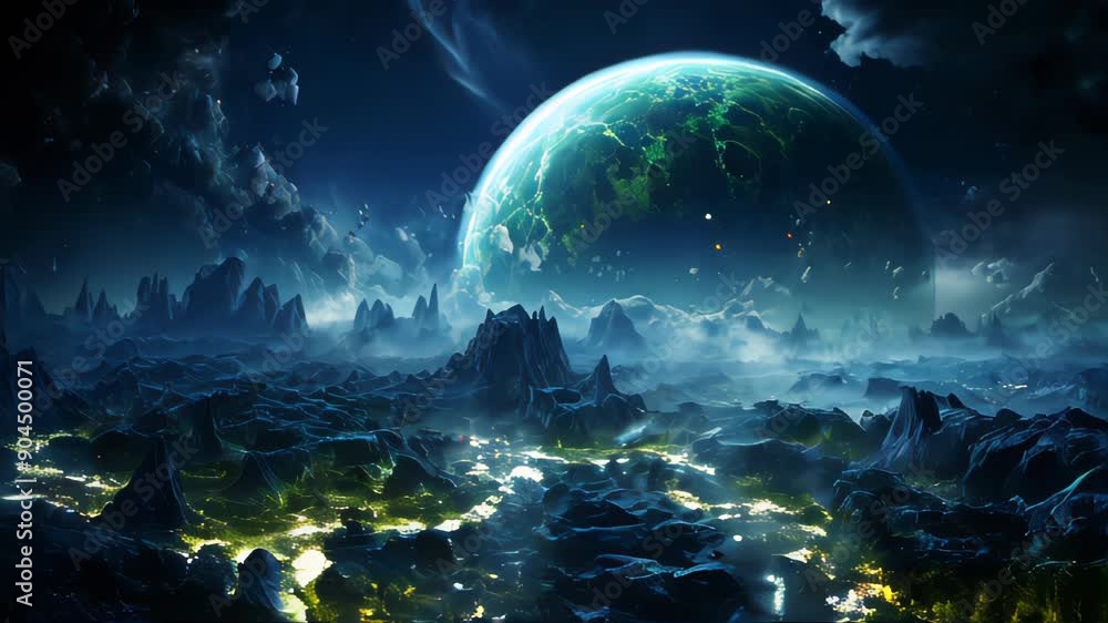 Poster space scene with futuristic planet surface and stars in open space with planets and galaxies