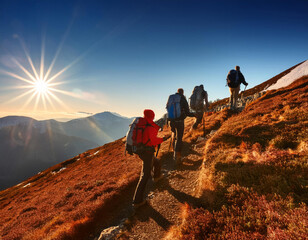 Groupes d'amis sportifs font l'ascension d'une montagne en randonnée sous le soleil