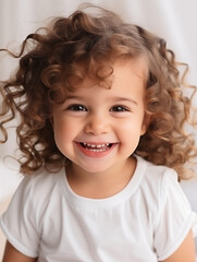 Smiling Curly-Haired Toddler in White T-Shirt Against Soft Background