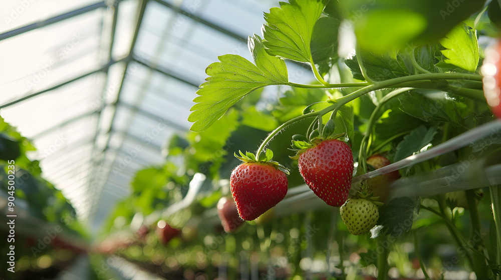 Canvas Prints Ripe Strawberries Growing in a Greenhouse