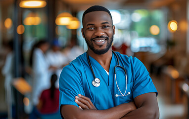 Fototapeta premium Detailed portrait of an African American doctor in a hospital hallway, wearing a stethoscope.
