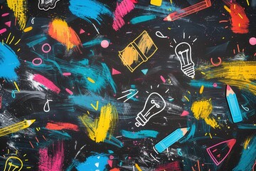 A chalkboard showcases vibrant brush strokes and detailed drawings of classroom essentials like globes, rulers, calculators, and lightbulbs. Generative AI