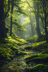 Obraz premium Lush Forest Sanctuary with Sunlit River and Birdsong