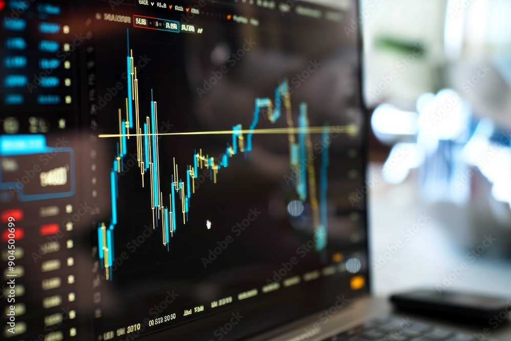 Poster stock market data analyzing graph showing on laptop screen with shallow depth of field