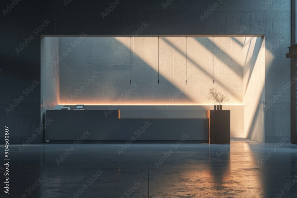 Poster a modern office space with a large window offering a beautiful view, accompanied by a desk for work 