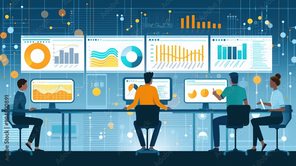 Poster business analytics team working on data and charts