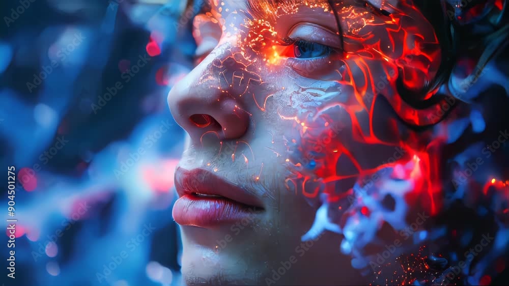 Poster connection of human woman and artificial intelligence robot. the concept of merging a person and a c