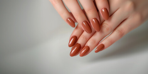 Fototapeta premium Female hands with fresh nude manicure, professional nail care