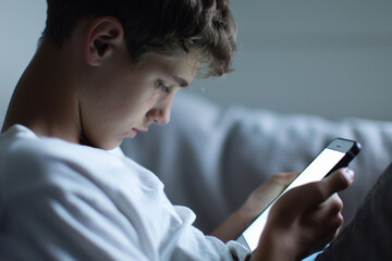 Teenager sitting hunched over smartphone. Teenage boy with bad posture using mobile phone while sitting on sofa at home. Health problem, disease