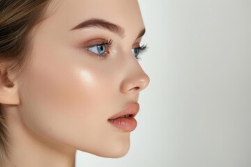 Obraz premium Beauty portrait of a beautiful young caucasian woman with blue eyes and clean skin posing on a white background