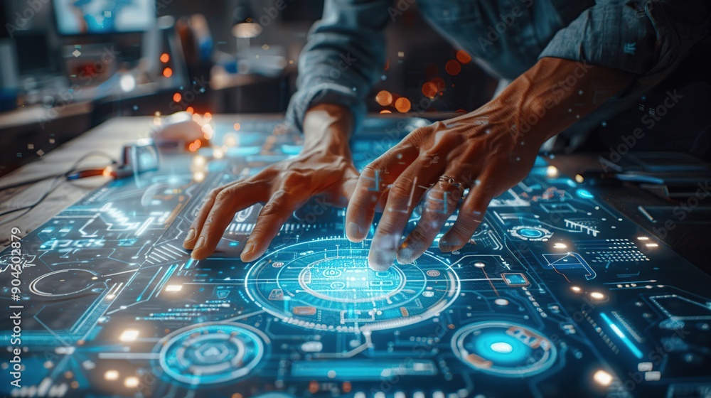 Poster hands interacting with futuristic interface