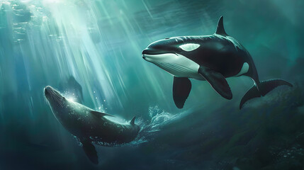 Obraz premium Powerful Orca Hunting Seal Prey in the Depths of the Vast Ocean This dramatic