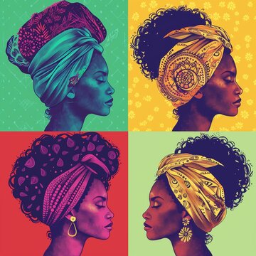 Colorful Pop Art Portraits of Women with Headwraps in Four Vibrant Panels, Illustration