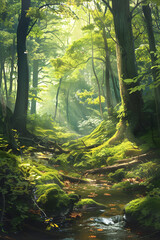 Obraz premium Lush Forest Sanctuary with Sunlit River and Birdsong