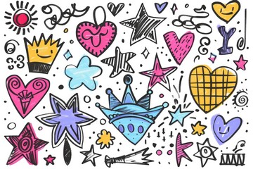 A colorful illustration featuring a cluster of hearts and stars