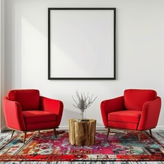 Fototapeta premium Modern living room with red armchairs and stylish decor. Minimalist interior design with blank frame on white wall. Perfect for home decor inspiration and furniture ideas. AI