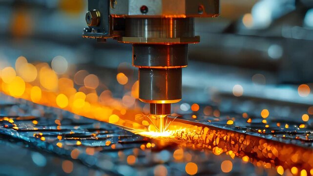 The CNC milling machine cutting the metal with sparks. The sheet metal manufacturing process
