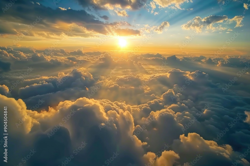 Poster a serene image of the sun setting behind a bank of clouds