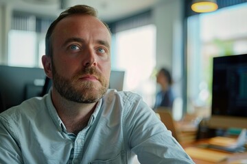 Obraz premium Thoughtful businessman is pondering a work problem while sitting at his desk in the office