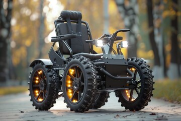 Modern all terrain electric wheelchair standing on a paved road in an autumn park