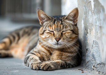 Fototapeta premium Tranquil Striped Tabby Cat Relaxing Outdoors in the Sun with Eyes Closed