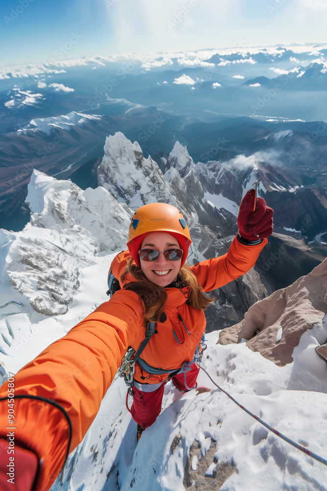 Wall mural young climber woman taking selfie on the mountain. high quality photo