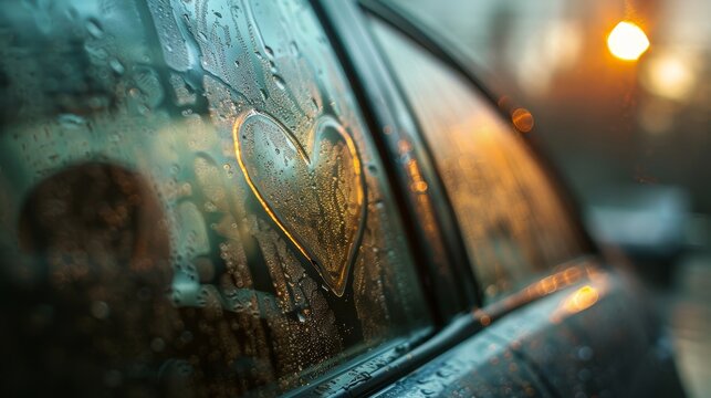 Steamy car window with heart. Heart on window background